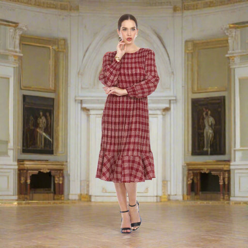 Long Sleeve Print Dress - DR1161 Wine